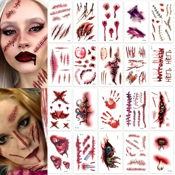 24 Sheets Halloween Temporary Tattoos - Realistic Wound, Scar, and Blood Hole - Picture 1 of 6